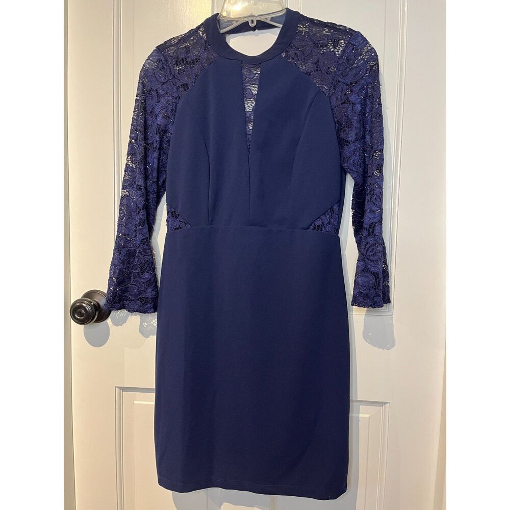 bebe Women’s Size 8 Navy Blue Lace Long Sleeve Bodycon Sheath Cocktail Dress